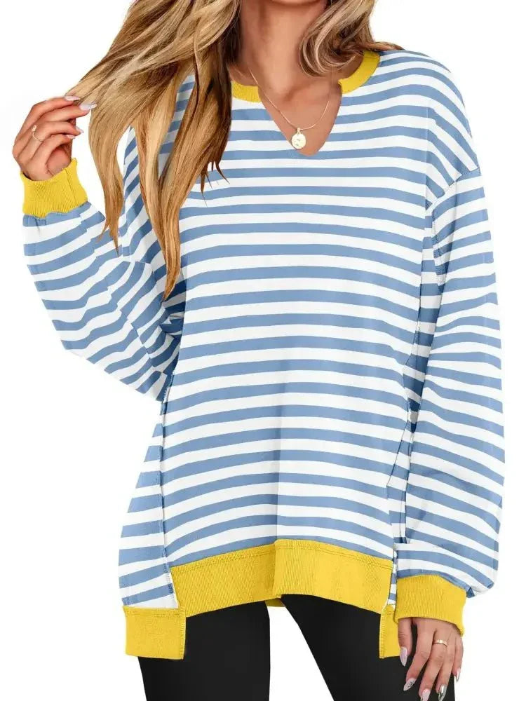 Notched Long Sleeve Oversized Sweatshirt - Update AvenueDaily EssentialsTrendsi100100440875014100100440875014ae152701b3f14f3498280bde0ee94f5f - Max - OriginLight Blue Stripes