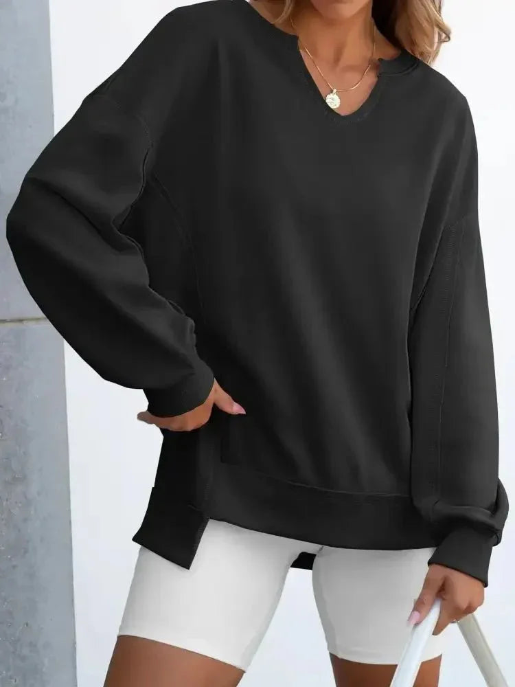 Notched Long Sleeve Oversized Sweatshirt - Update AvenueDaily EssentialsTrendsi10010044087516510010044087516595ed792f03fe4e2eaa82bd4e039e0792 - Max - OriginBlack