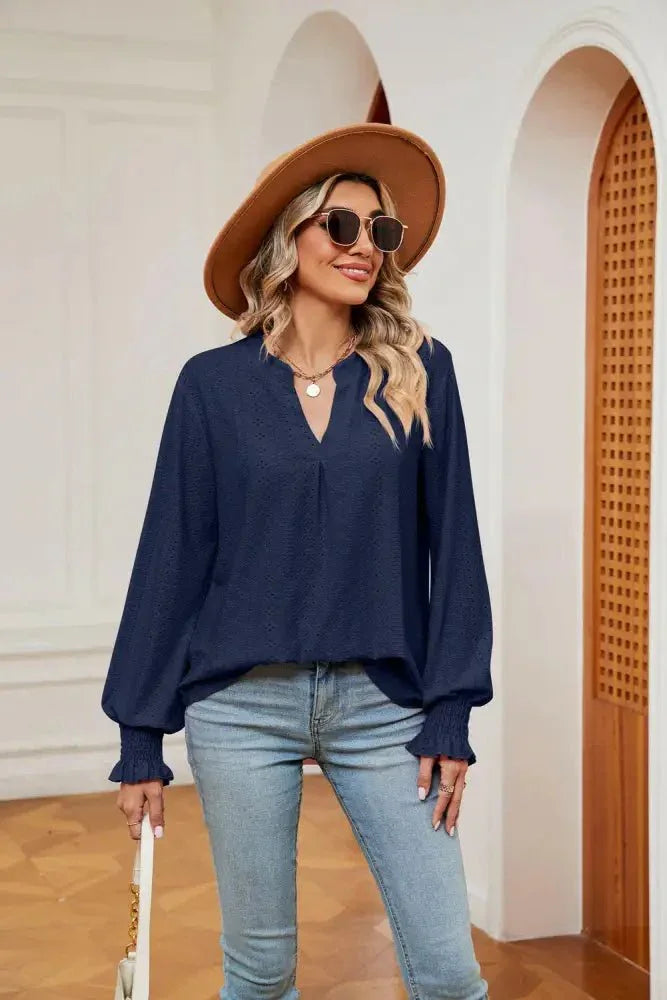 Notched Neck Flounce Sleeve Blouse - Update AvenueTrendsi100101207612910100101207612910c7450921b39a4049870fc9fcbfb8b419 - MaxNavy