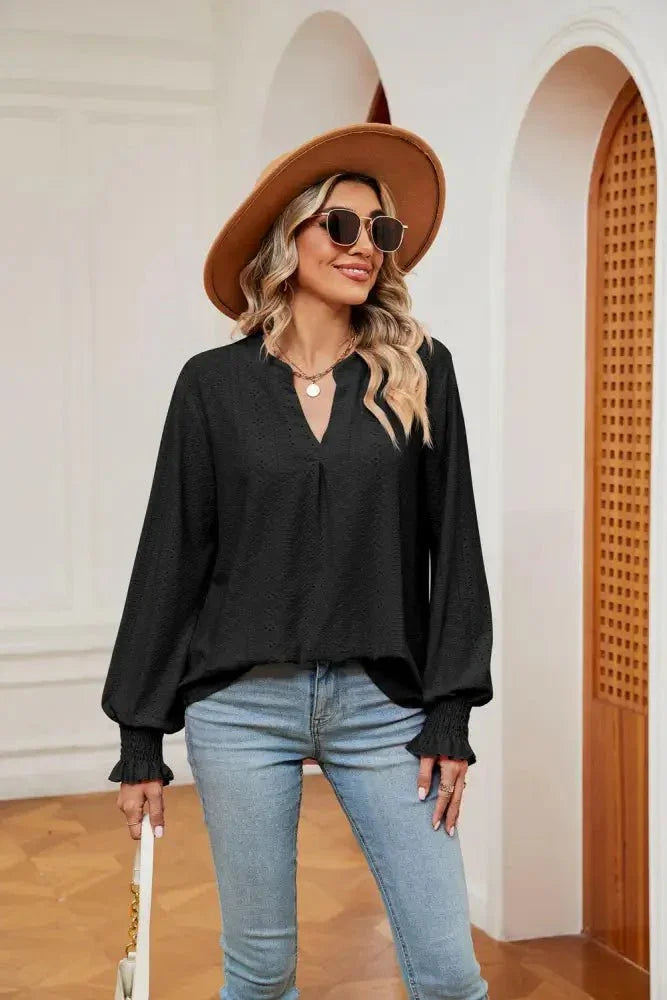 Notched Neck Flounce Sleeve Blouse - Update AvenueTrendsi1001012076138961001012076138967ca94c32f47b4e2fa4d7cb93853cb5c6 - MaxBlack