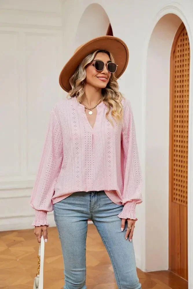 Notched Neck Flounce Sleeve Blouse - Update AvenueTrendsi1001012076178491001012076178494d3d3299986f45e4bdf2dd0f5df10753 - MaxBlush Pink