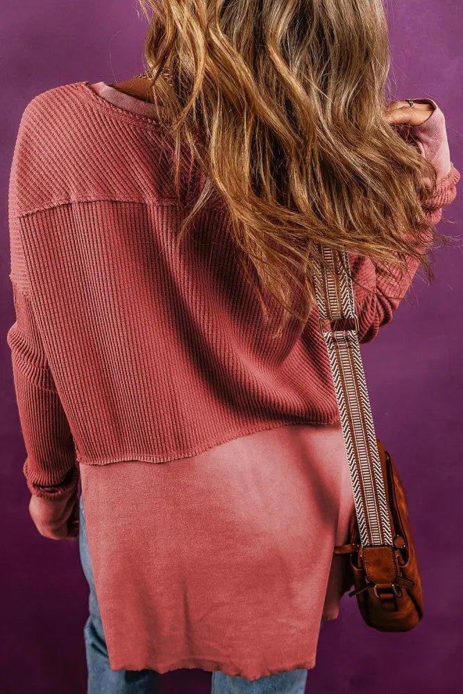 Notched Neck Long Sleeve Slit Blouse - Update AvenueTrendsi100101573458606100101573458606b22a952cb3b4499984c38190bc4e60bd - MaxWatermelon pink