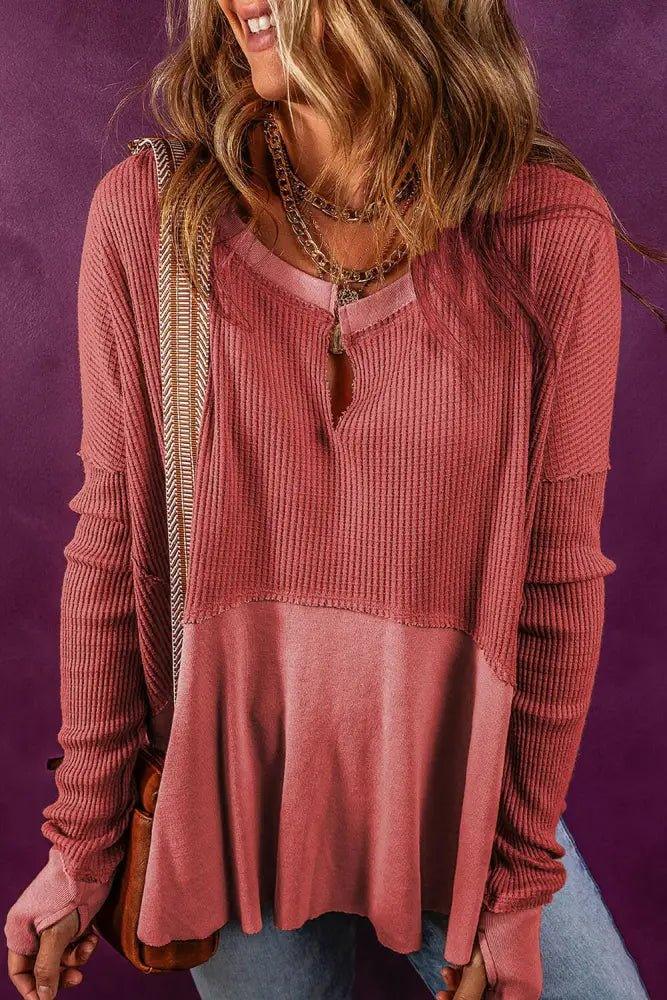 Notched Neck Long Sleeve Slit Blouse - Update AvenueTrendsi1001015734586061001015734586062c80f7c2292e4976a3b7f2d61b128496 - MaxWatermelon pink