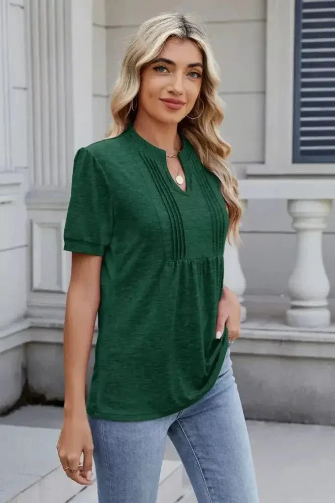 Notched Short Sleeve Top - Update AvenueVacation StyleTrendsi1001002406789201001002406789200b6a4b3c - f2da - 4270 - b39d - e31b763006a7 - MaxDark Green