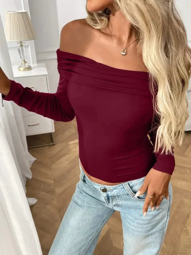 Off - Shoulder Long Sleeve Fitted T-Shirt - Update AvenueT-ShirtsTrendsi1001001448548511001001448548511a8d6b1b - a870 - 49ec - a75c - 2b75d5a0a9cf - Max - OriginBurgundy