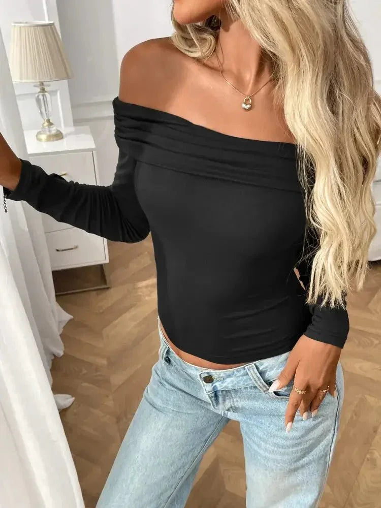 Off - Shoulder Long Sleeve Fitted T-Shirt - Update AvenueT-ShirtsTrendsi100100144857318100100144857318c2a728b6 - a828 - 4dc5 - b4b0 - fbcf57b345c7 - Max - OriginBlack