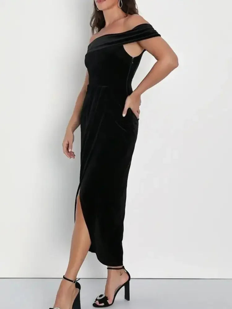 Off-Shoulder Wrap Dress with Side Slit