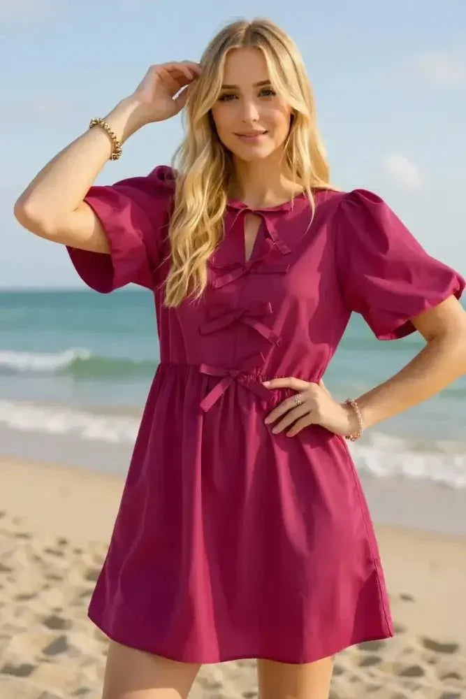 Oh Bow Ruched Puff Sleeve Mini Dress - Update AvenueTrendsi1001005476610841001005476610845f379741 - b6cc - 4502 - 8051 - add2ff7c701c - MaxCerise