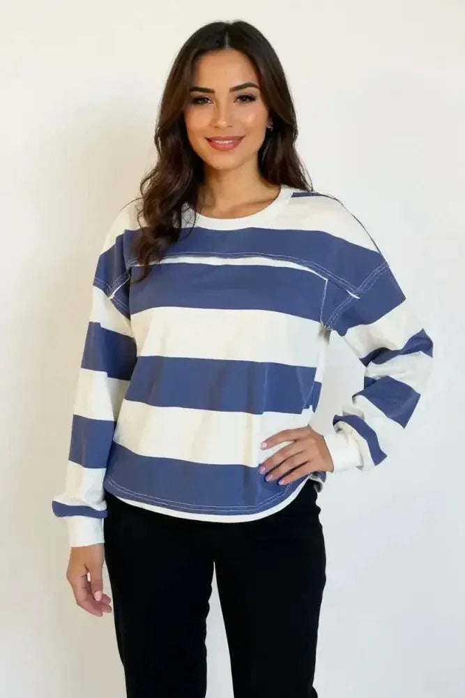 Oh Pima Cotton Wash Exposed Seam Contrast Striped Round Neck Long Sleeve T-Shirt - Update AvenueTrendsi100100434041721100100434041721029fb0d8 - 97a9 - 44ea - a675 - 8ebf4e5f1fc8 - MaxDusty Blue