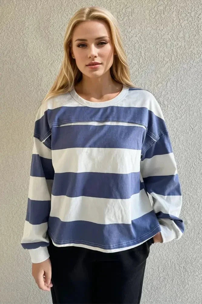 Oh Pima Cotton Wash Exposed Seam Contrast Striped Round Neck Long Sleeve T-Shirt - Update AvenueTrendsi100100434041721100100434041721ea213e26 - a2e2 - 4a37 - 839a - e5146448a36d - MaxDusty Blue