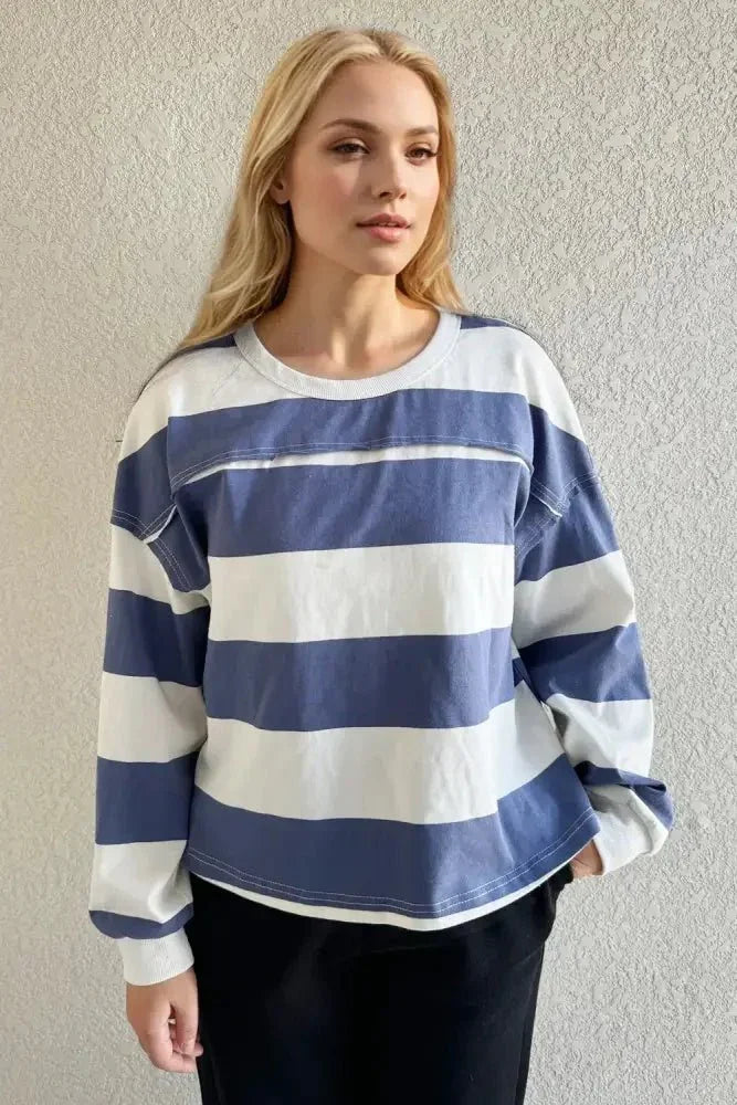 Oh Pima Cotton Wash Exposed Seam Contrast Striped Round Neck Long Sleeve T-Shirt - Update AvenueTrendsi100100434041721100100434041721c51e0bf9 - 7b42 - 4fe4 - 9c46 - 145a3f9c6ad0 - MaxDusty Blue