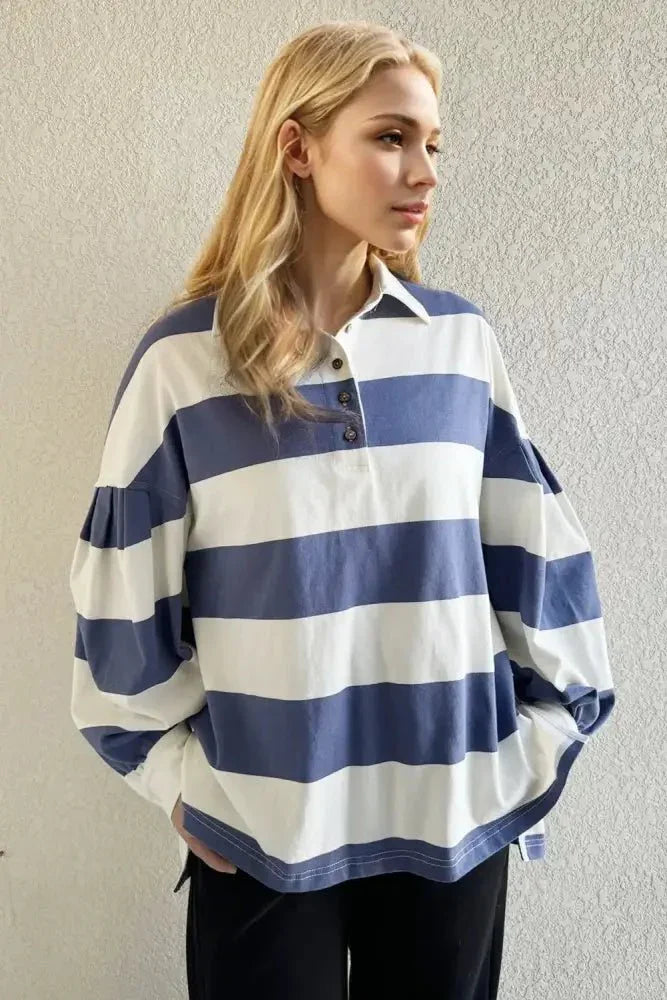 Oh Pima Cotton Wash Wide Striped Collared Neck Long Sleeve Top - Update AvenueTrendsi100100907891791100100907891791be44fee2 - 3e57 - 4574 - b3b7 - 0fffbbc16006 - MaxDusty Blue