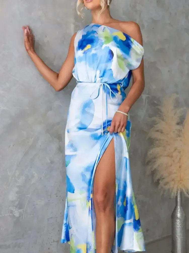 One Shoulder Printed Dress with Slit