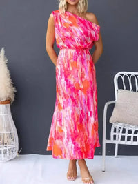One Shoulder Printed Dress with Slit