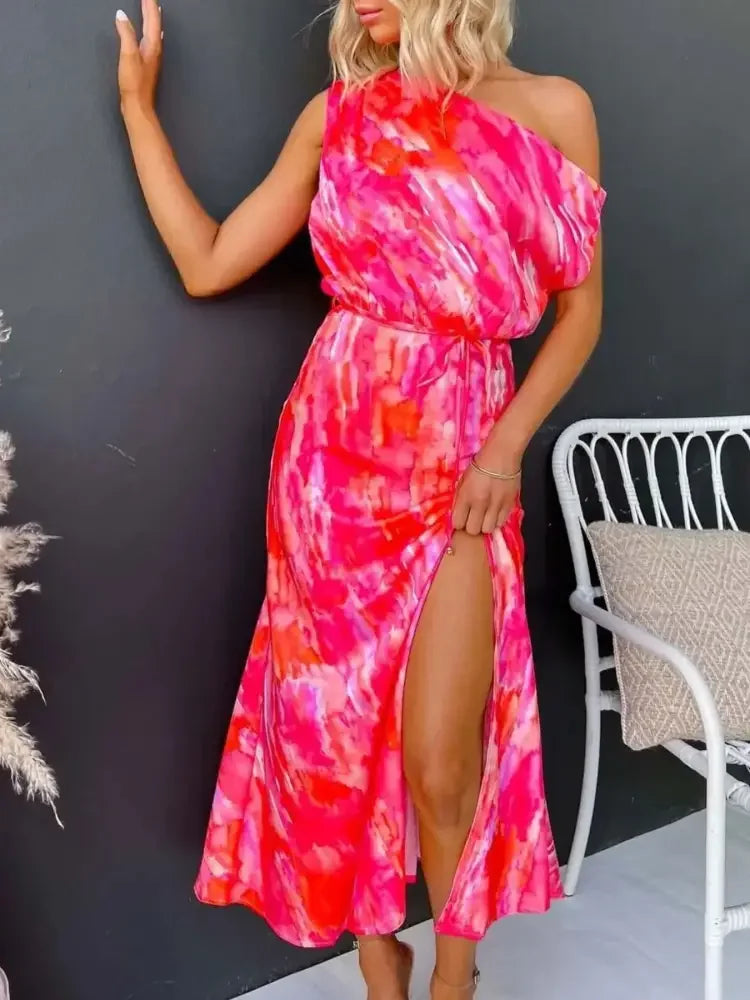 One Shoulder Printed Dress with Slit