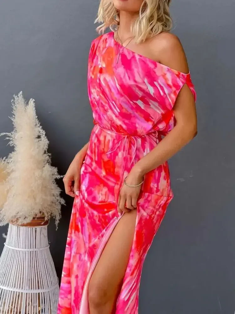 One Shoulder Printed Dress with Slit