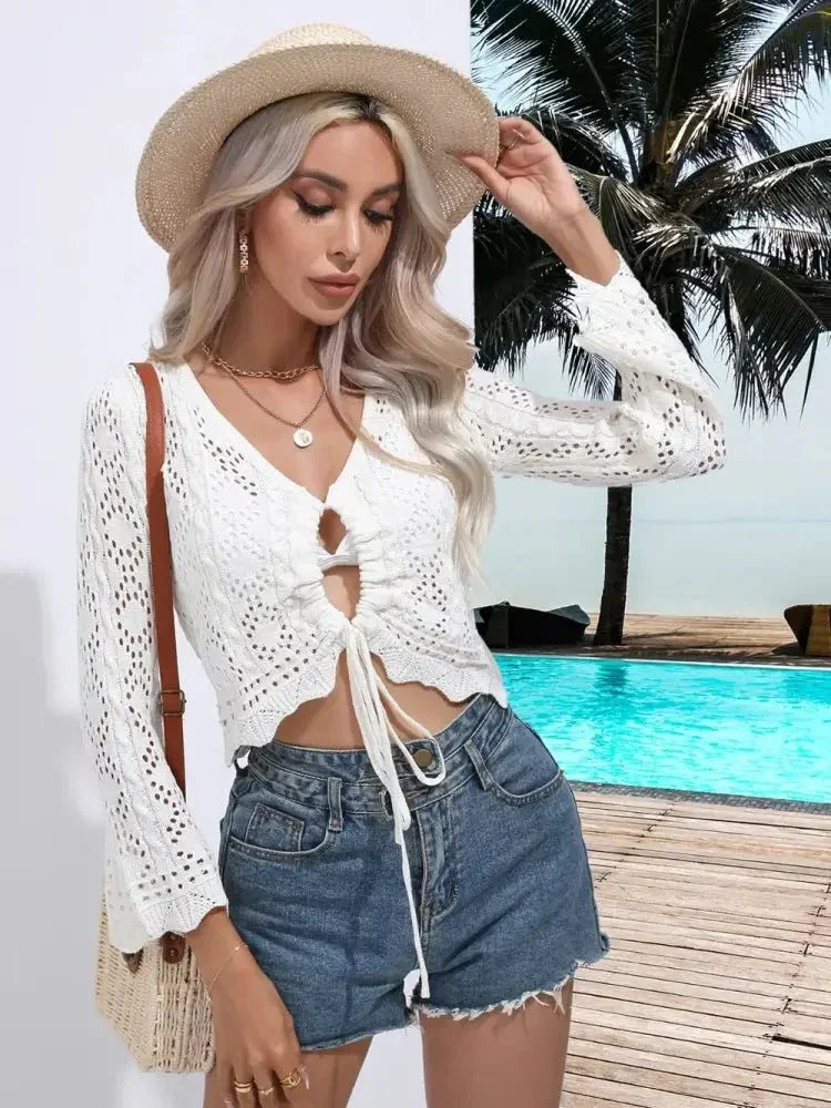 Openwork Drawstring V - Neck Long Sleeve Cover - Up - Update AvenueTrendsi100100042681801100100042681801ce1cf4ed - fc2b - 4768 - a8c4 - 4f7820aeca44 - MaxWhite