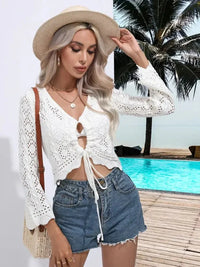 Openwork Drawstring V - Neck Long Sleeve Cover - Up - Update AvenueTrendsi100100042681801100100042681801ce1cf4ed - fc2b - 4768 - a8c4 - 4f7820aeca44 - MaxWhite