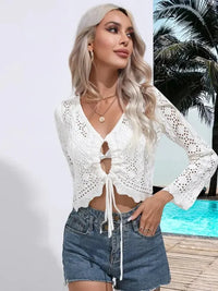 Openwork Drawstring V - Neck Long Sleeve Cover - Up - Update AvenueTrendsi1001000426818011001000426818014e9ae472 - dbda - 447f - a559 - 2c797b7e4bbd - MaxWhite