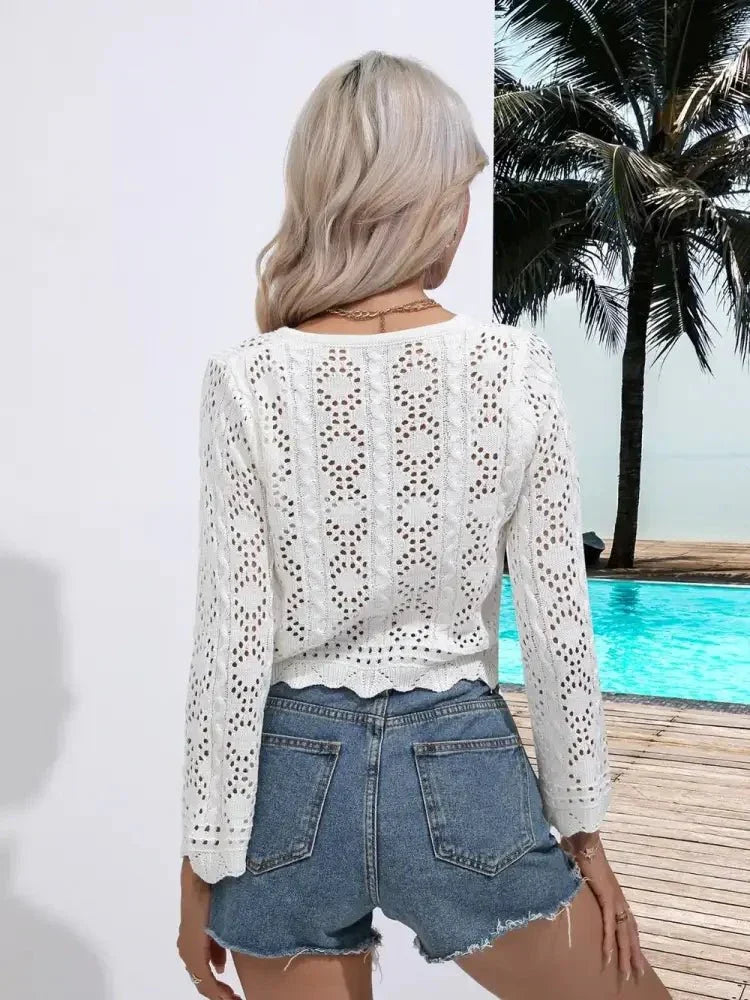 Openwork Drawstring V - Neck Long Sleeve Cover - Up - Update AvenueTrendsi10010004268180110010004268180115bb0494 - 61d6 - 4e12 - a1ff - d5cd7b768190 - MaxWhite