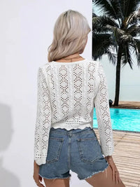 Openwork Drawstring V - Neck Long Sleeve Cover - Up - Update AvenueTrendsi10010004268180110010004268180115bb0494 - 61d6 - 4e12 - a1ff - d5cd7b768190 - MaxWhite
