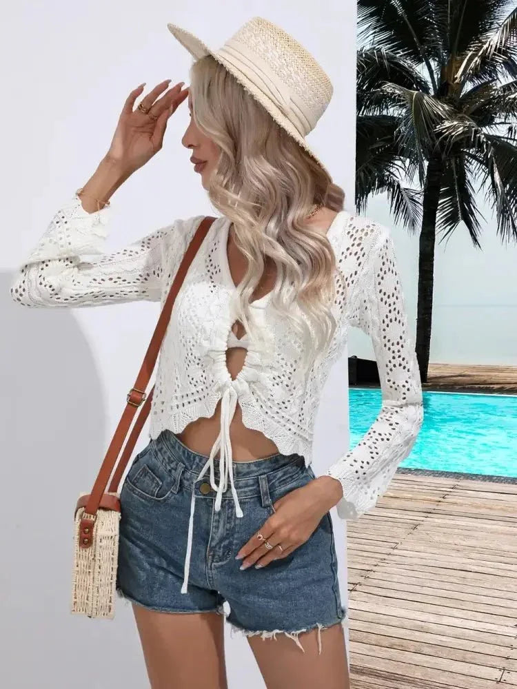 Openwork Drawstring V - Neck Long Sleeve Cover - Up - Update AvenueTrendsi100100042681801100100042681801daead0c5 - e391 - 4f7c - 89c7 - 9ccbf674344f - MaxWhite