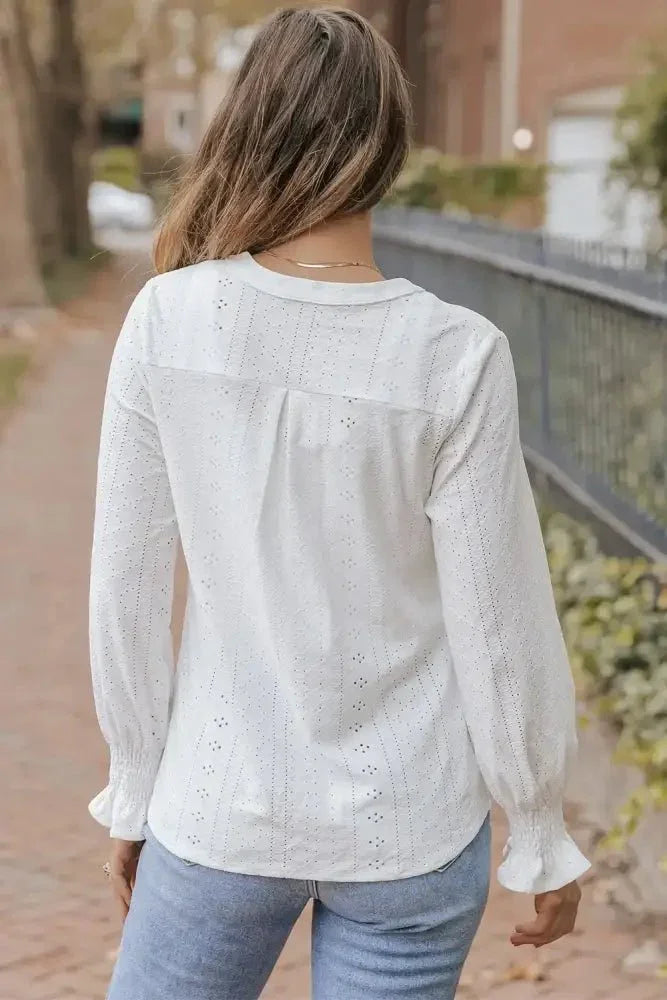 Openwork Notched Flounce Sleeve Blouse - Update AvenueTrendsi10010199556752210010199556752286e01dc7120843a28efffa694423d858 - MaxWhite