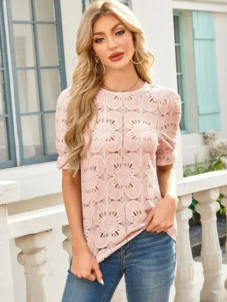 Openwork Round Neck Short Sleeve Top - Update AvenueT-ShirtsTrendsi10010069070222210010069070222289815df1 - 2ebe - 4f84 - 9cb8 - 5c1895ac6f78 - Max - OriginApricot