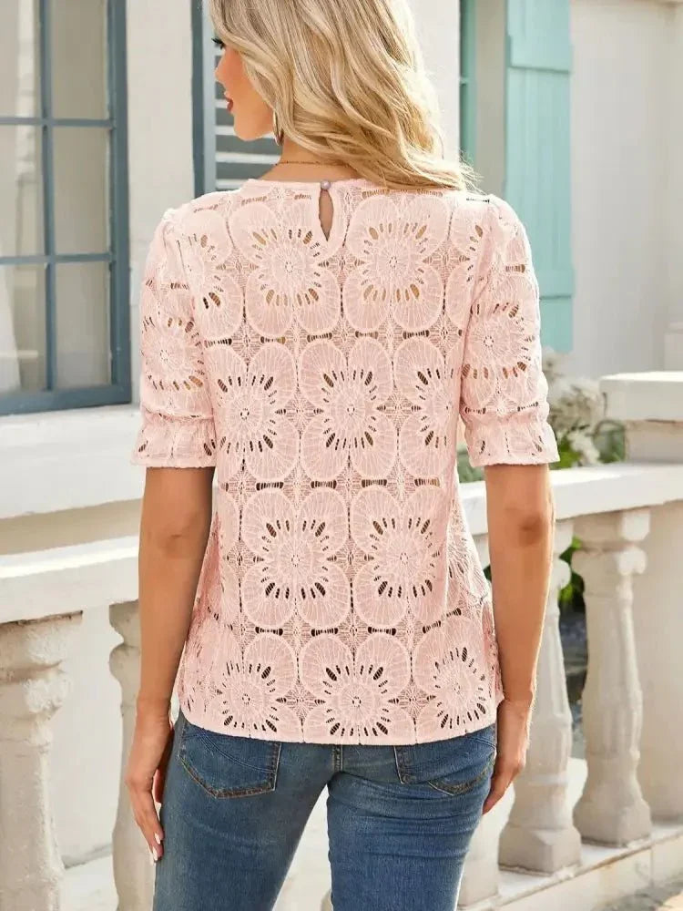 Openwork Round Neck Short Sleeve Top - Update AvenueT-ShirtsTrendsi10010069070222210010069070222245508f3a - feba - 49a0 - 95fb - 0cfa465c84b7 - Max - OriginApricot