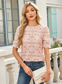 Openwork Round Neck Short Sleeve Top - Update AvenueT-ShirtsTrendsi1001006907022221001006907022228064c181 - 76d7 - 4df9 - 99b9 - c9220561dcbc - Max - OriginApricot