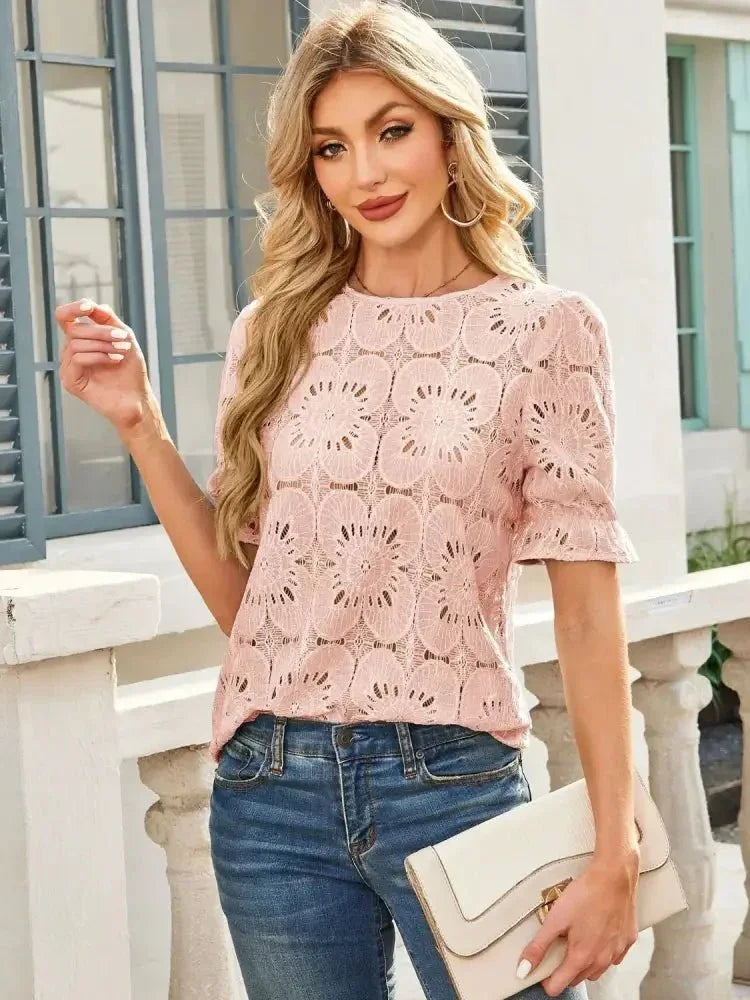 Openwork Round Neck Short Sleeve Top - Update AvenueT-ShirtsTrendsi100100690702222100100690702222711747e7 - 94a3 - 419a - 8f91 - dafcde8172a7 - Max - OriginApricot