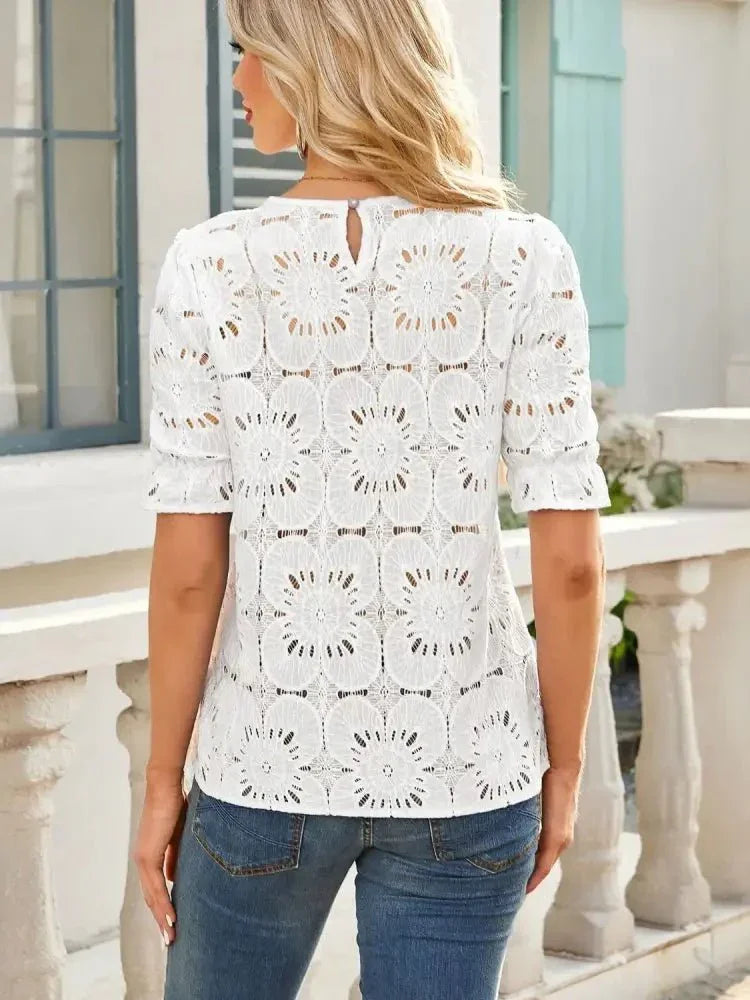 Openwork Round Neck Short Sleeve Top - Update AvenueT-ShirtsTrendsi100100690706809100100690706809c19351c2 - c669 - 4cc4 - acb5 - c7e12cb34a0c - Max - OriginWhite