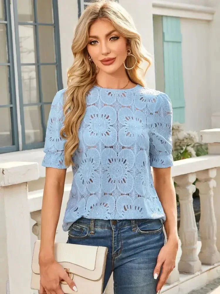 Openwork Round Neck Short Sleeve Top - Update AvenueT-ShirtsTrendsi100100690707125100100690707125681c1c27 - 031e - 4294 - b263 - 46365b0aadea - Max - OriginLight Blue