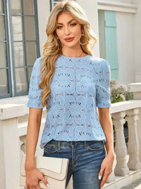Openwork Round Neck Short Sleeve Top - Update AvenueT-ShirtsTrendsi100100690707125100100690707125681c1c27 - 031e - 4294 - b263 - 46365b0aadea - Max - OriginLight Blue