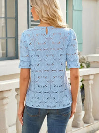 Openwork Round Neck Short Sleeve Top - Update AvenueT-ShirtsTrendsi1001006907071251001006907071250f782a0d - fd3e - 48ac - 80f2 - 9f64a6dd68df - Max - OriginLight Blue