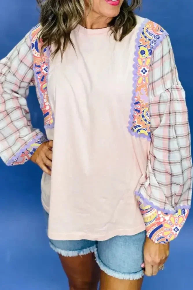 Paisley Print Plaid Long Sleeve Oversized Top - Update AvenueT-ShirtsTrendsi1001000389213171001000389213173c37588d - 2c4b - 4138 - 9adc - 9b65a6da1b58 - Max - OriginBlush Pink