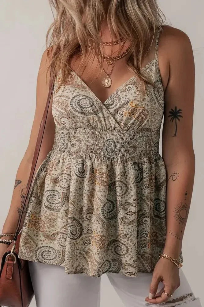 Paisley Printed Smocked Babydoll Cami - Update AvenueBoho VibesTrendsi100100031162938100100031162938f578205f - 9334 - 430f - 9997 - fb32b2f45295 - Max - OriginKhaki