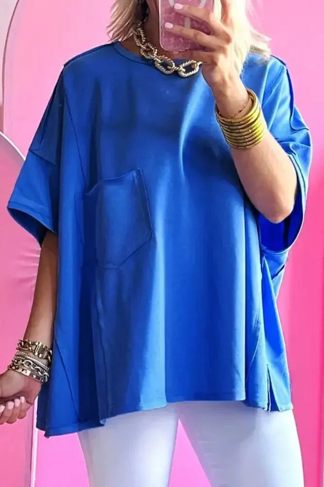 Patched Pocket Exposed Seam Oversize T-shirt - Update AvenueT-ShirtsTrendsi10010066424328610010066424328617728917 - 4915 - 4f18 - ba01 - 6994b1c210f8 - Max - OriginRoyal Blue