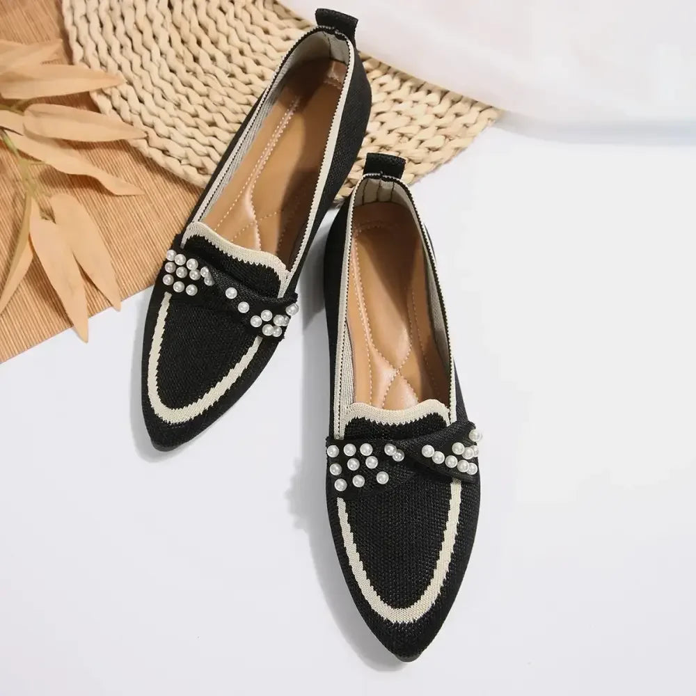 Pearl Detail Point Toe Flats Slip-Ons