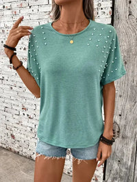 Pearl Detail Round Neck Short Sleeve T-Shirt - Update AvenueT-ShirtsTrendsi1001006921612381001006921612386feebb95 - 5f1b - 4f8b - 8c2e - 2b22af7d06e1 - Max - OriginTurquoise