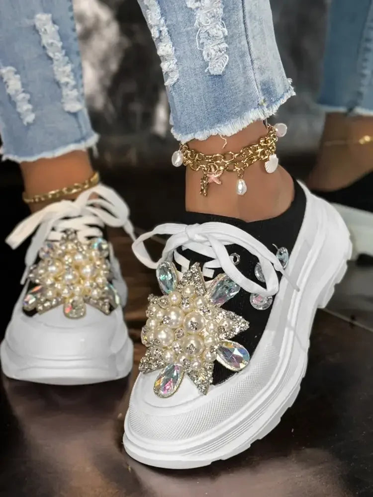 Pearl Embellished Platform Slip-Ons