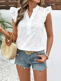 Perfee Eyelet Notched Ruffled Cap Sleeve Blouse - Update AvenueFestival VibesTrendsi1001004719911291001004719911295554ec8e - 6f45 - 4e3f - 90ca - bbe21f3af342 - MaxWhite