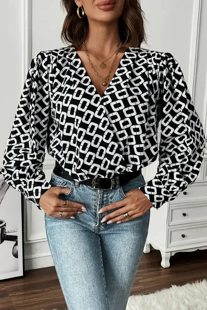 Perfee Geometric V - Neck Long Sleeve Blouse - Update AvenueTrendsi10010165850176810010165850176874bdc22022984001884a68b91f1d5d18 - MaxBlack
