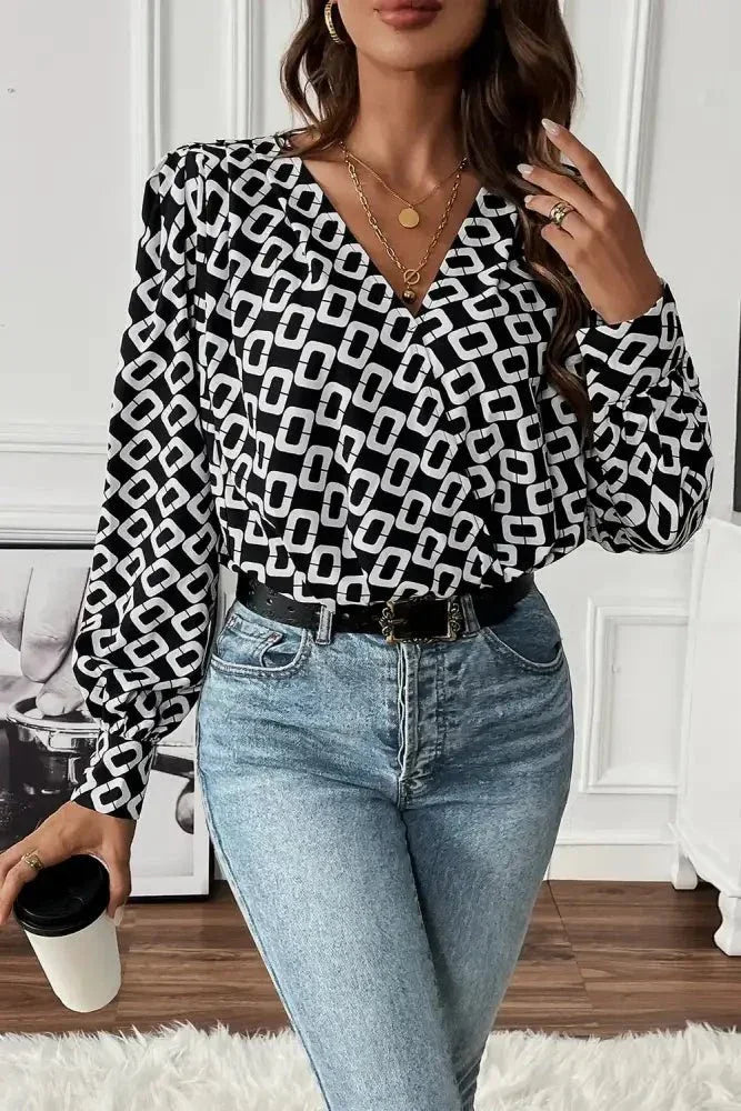 Perfee Geometric V - Neck Long Sleeve Blouse - Update AvenueTrendsi100101658501768100101658501768d664c85461b34e02b33c83cd07d39f09 - MaxBlack