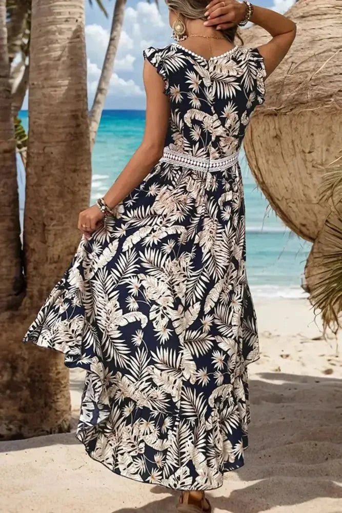 Perfee High - Low Printed V - Neck Cap Sleeve Midi Dress - Update AvenueBoho VibesTrendsi1001004672915081001004672915080c92f66a - 86f7 - 42bf - 82f2 - 23b72c346120 - MaxDark Blue