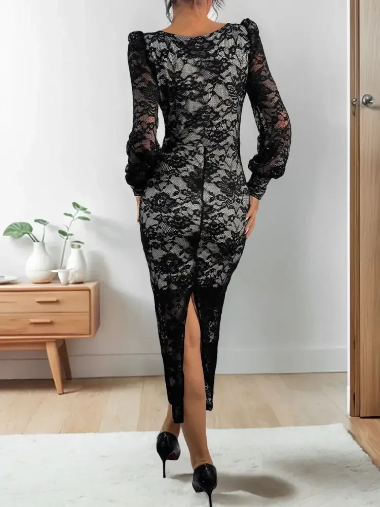 Perfee Lace Sweetheart Neck Long Sleeve Midi Dress