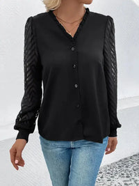Perfee Mesh V - Neck Button Front Blouse - Update AvenueTrendsi1001011878854681001011878854683daedff208cf424ea7fb4fa8f20b796e - MaxBlack
