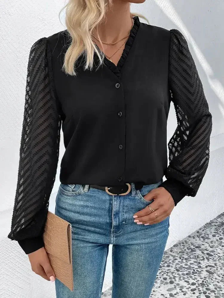 Perfee Mesh V - Neck Button Front Blouse - Update AvenueTrendsi1001011878854681001011878854681eb647e0093546158eeaf72eb651b74e - MaxBlack