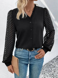 Perfee Mesh V - Neck Button Front Blouse - Update AvenueTrendsi1001011878854681001011878854681eb647e0093546158eeaf72eb651b74e - MaxBlack