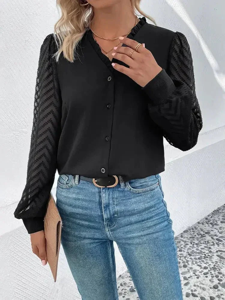 Perfee Mesh V - Neck Button Front Blouse - Update AvenueTrendsi100101187885468100101187885468851e194d674a4a90ada2002b79b4fac2 - MaxBlack